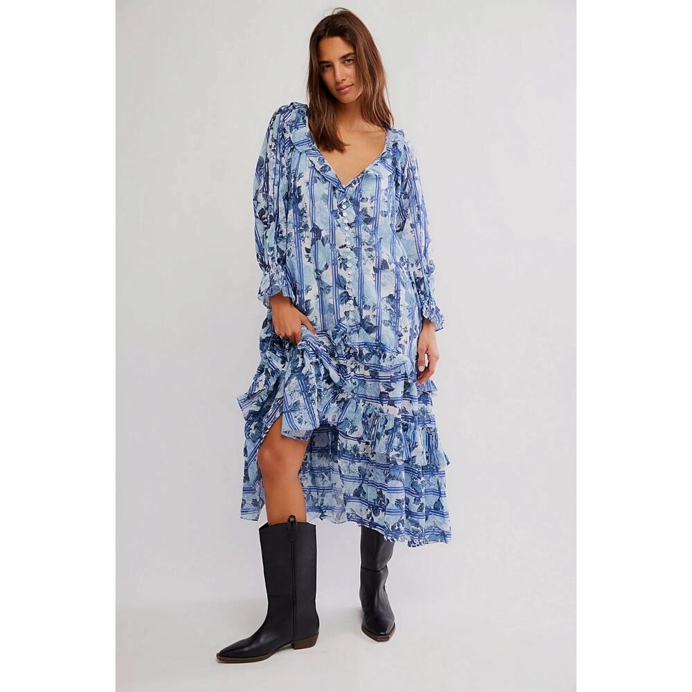 Free People Dainty Ruffle Cottage Garden Wonders Maxi Dress in Blue Combo XL - Picture 11 of 12